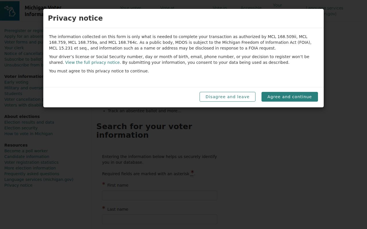 Harrison Township residents directory Michigan voter lookup form